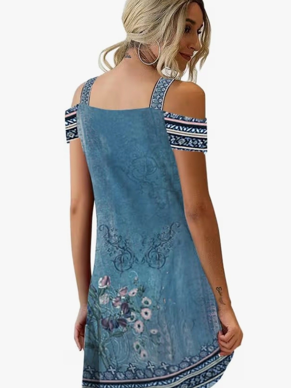 Boho Blue Floral Cold Shoulder V-Neck Summer Dress - Size MEDIUM - Picture 2 of 13
